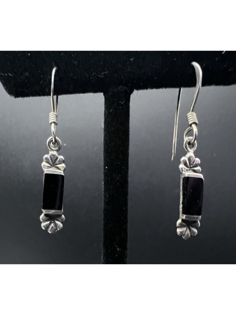 Vintage Artisan Sterling Silver Black Onyx Earrings Dainty 1.25"